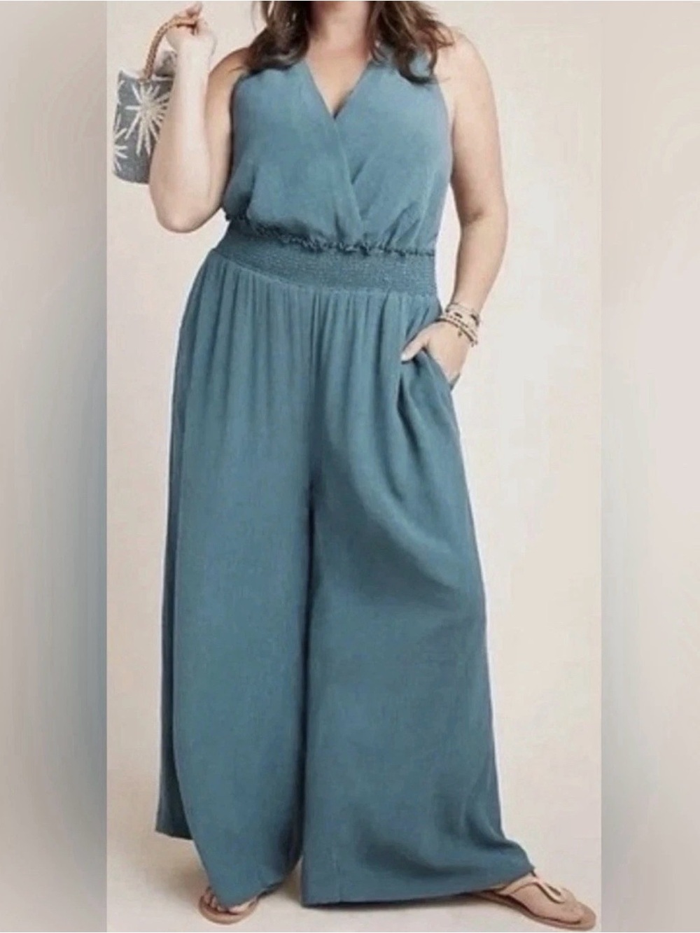 Anthropologie 2X Maeve Teal Crepe Halter One Piece Wide Leg Plus Jumpsuit EUC